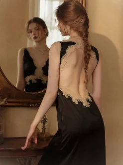 Online Retro Stage 1950s Lace Backless V-Neck Satin Sleepwear