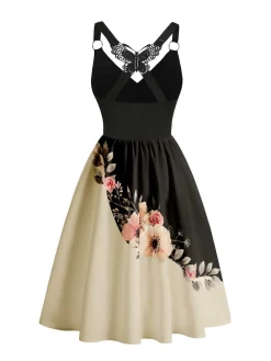 Fashion Retro Stage 1950s Lace Butterfly Floral Colorblock Dress Black
