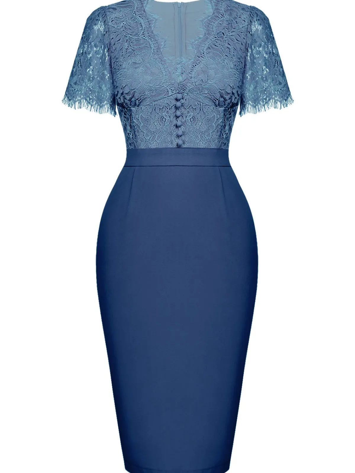 Best Retro Stage 1960s Lace Button Solid Pencil Dress Navy Blue