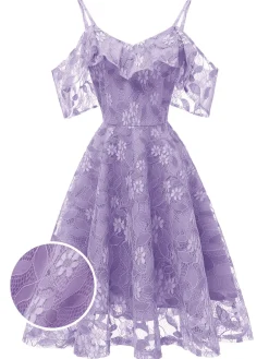 Discount Retro Stage 1950s Lace Cold Shoulder Ruffle Dress