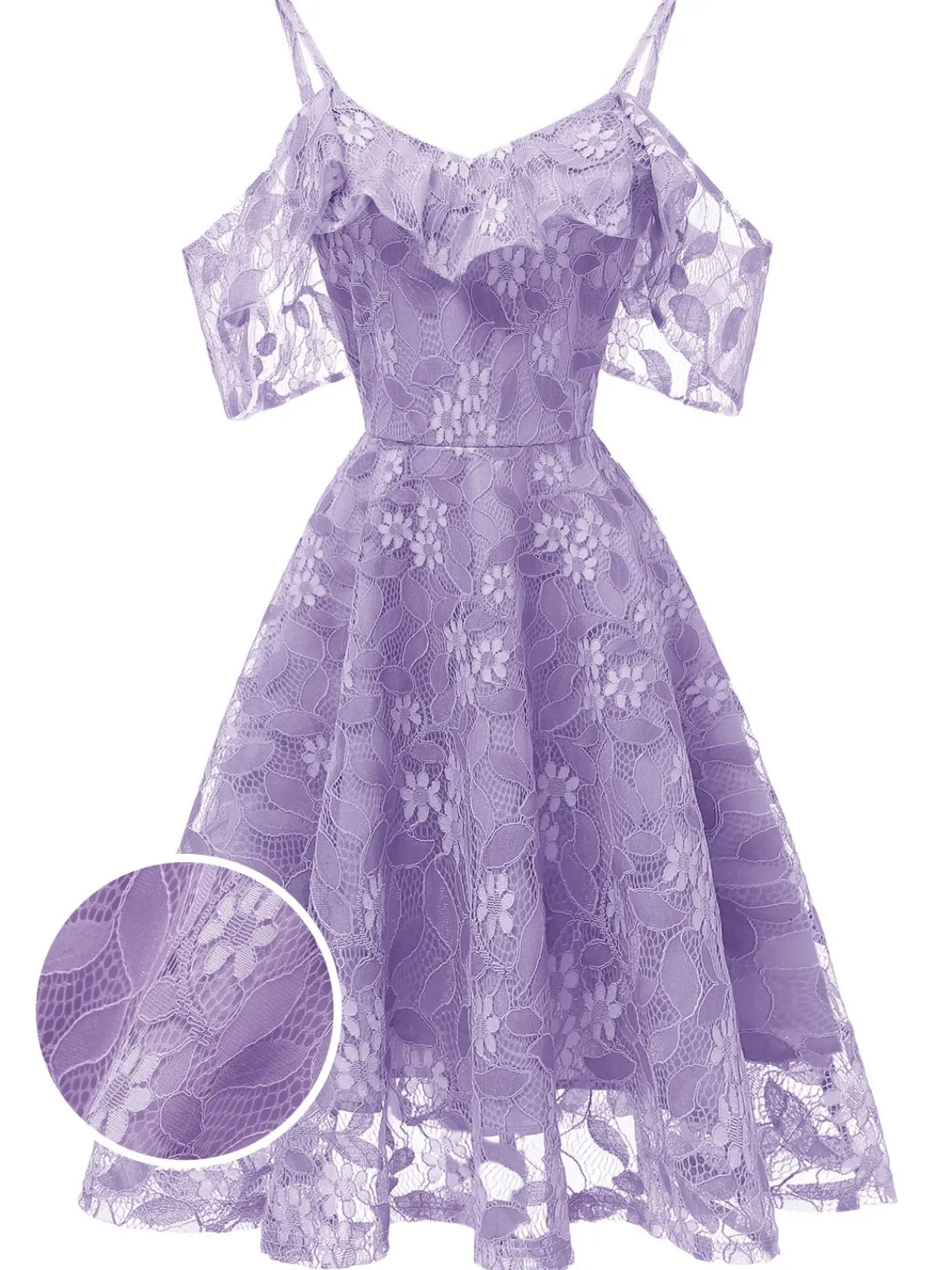 Discount Retro Stage 1950s Lace Cold Shoulder Ruffle Dress