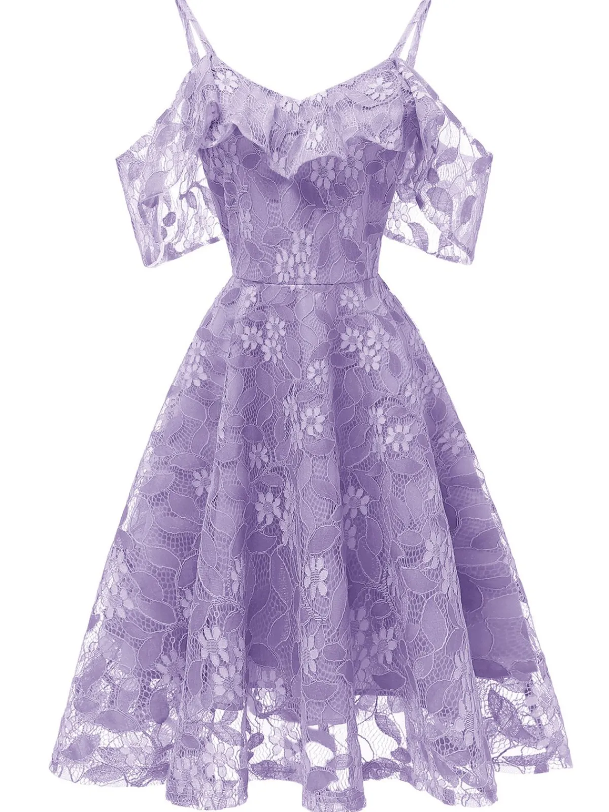 Discount Retro Stage 1950s Lace Cold Shoulder Ruffle Dress