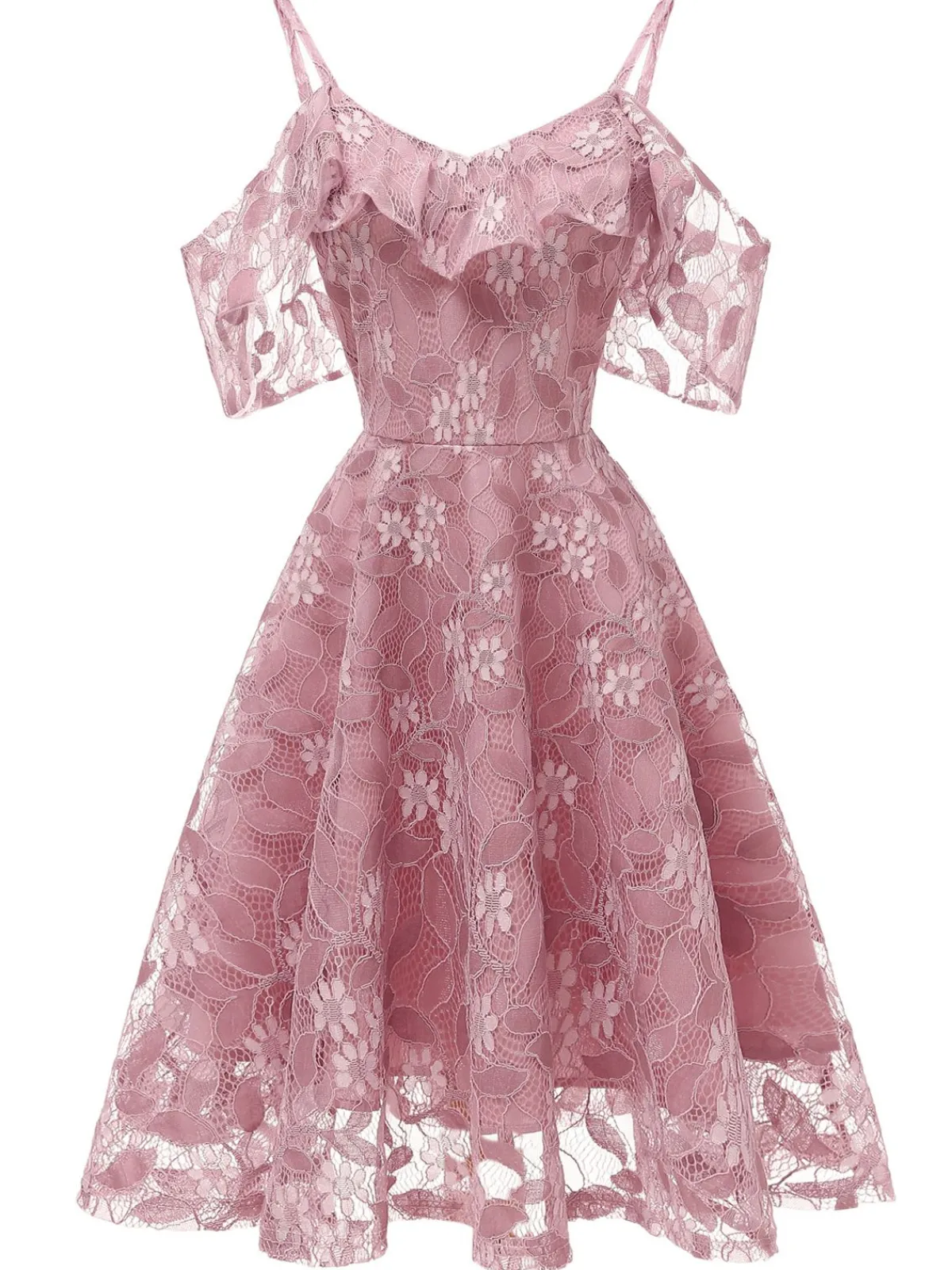 Discount Retro Stage 1950s Lace Cold Shoulder Ruffle Dress
