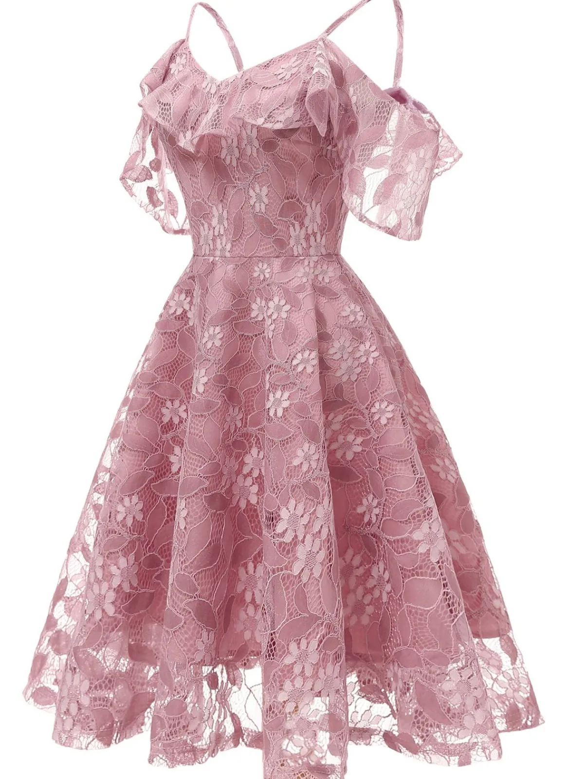 Discount Retro Stage 1950s Lace Cold Shoulder Ruffle Dress