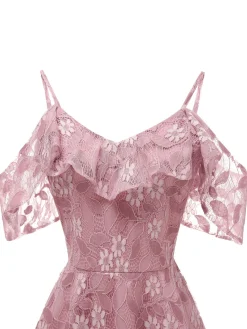 Discount Retro Stage 1950s Lace Cold Shoulder Ruffle Dress