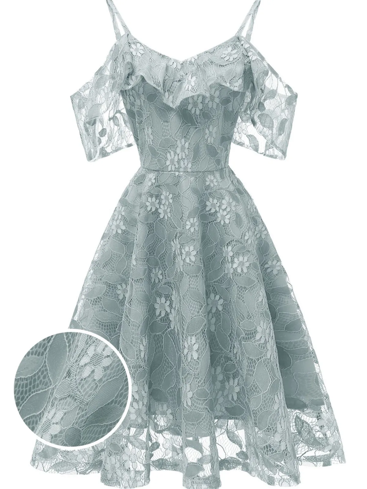Discount Retro Stage 1950s Lace Cold Shoulder Ruffle Dress