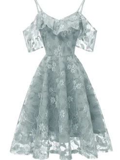 Discount Retro Stage 1950s Lace Cold Shoulder Ruffle Dress