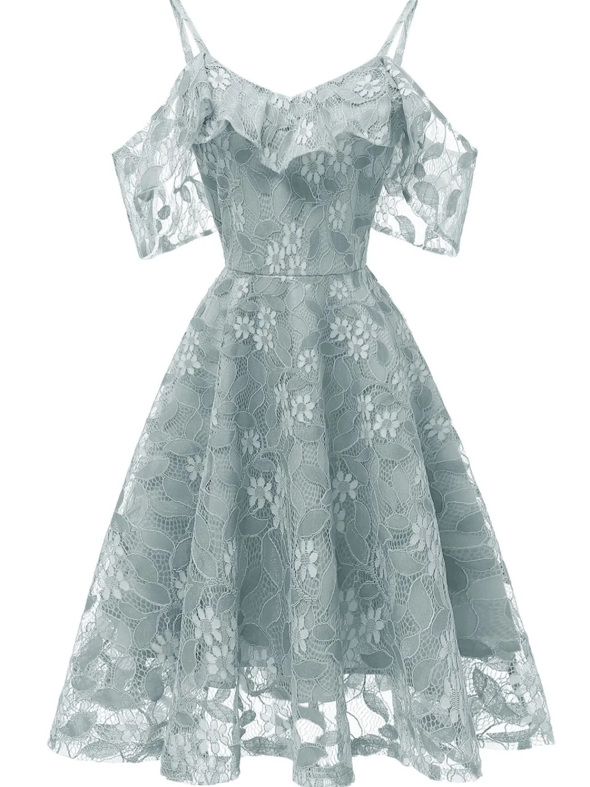 Discount Retro Stage 1950s Lace Cold Shoulder Ruffle Dress