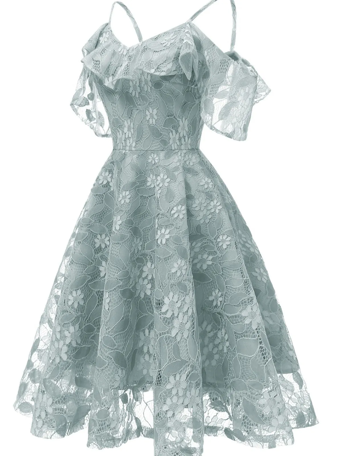 Discount Retro Stage 1950s Lace Cold Shoulder Ruffle Dress