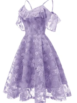 Discount Retro Stage 1950s Lace Cold Shoulder Ruffle Dress