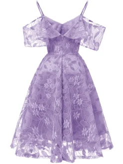 Discount Retro Stage 1950s Lace Cold Shoulder Ruffle Dress