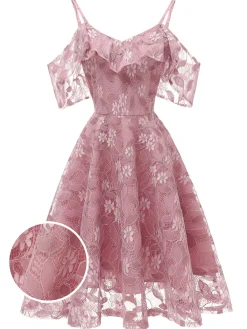 Discount Retro Stage 1950s Lace Cold Shoulder Ruffle Dress