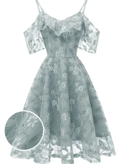 New Retro Stage 1950s Lace Cold Shoulder Ruffle Dress