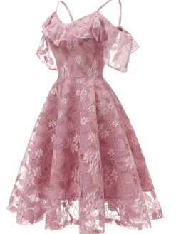 New Retro Stage 1950s Lace Cold Shoulder Ruffle Dress