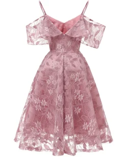 New Retro Stage 1950s Lace Cold Shoulder Ruffle Dress