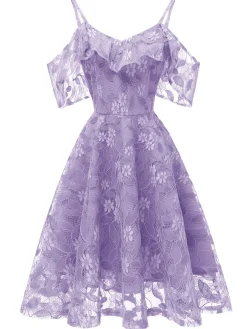 New Retro Stage 1950s Lace Cold Shoulder Ruffle Dress