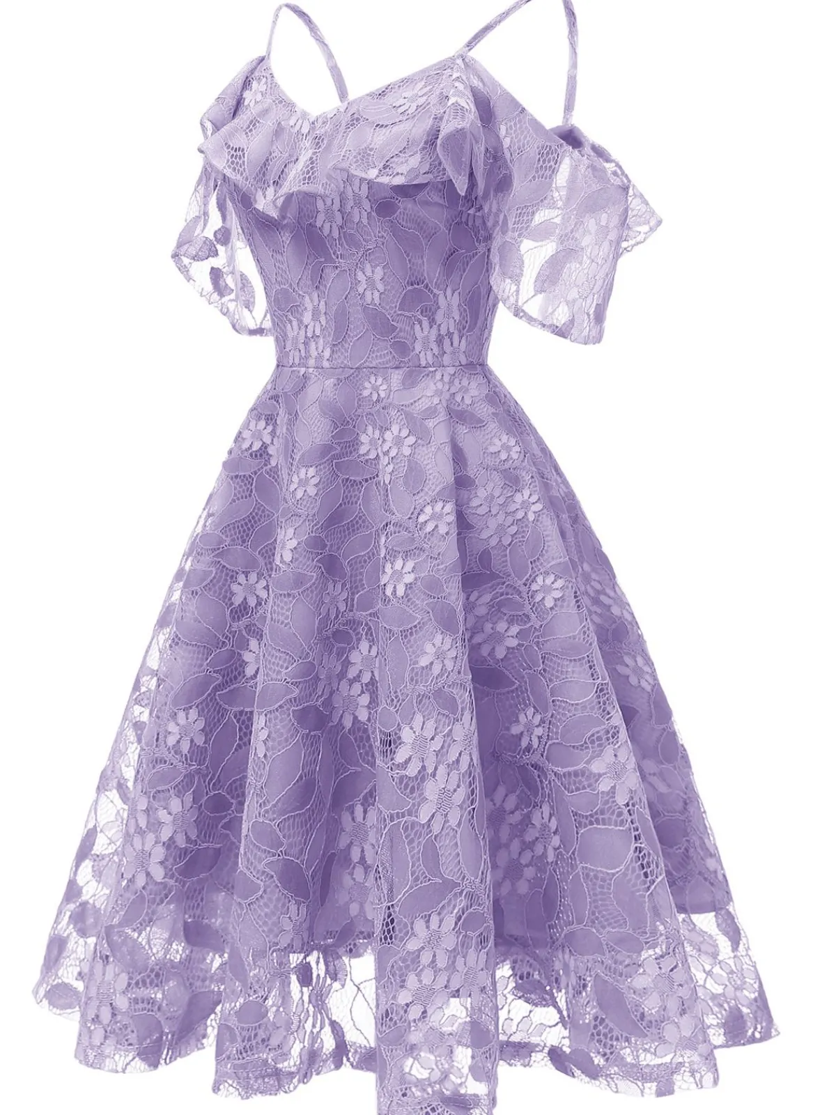 New Retro Stage 1950s Lace Cold Shoulder Ruffle Dress