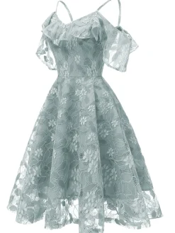 New Retro Stage 1950s Lace Cold Shoulder Ruffle Dress