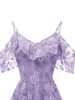 New Retro Stage 1950s Lace Cold Shoulder Ruffle Dress