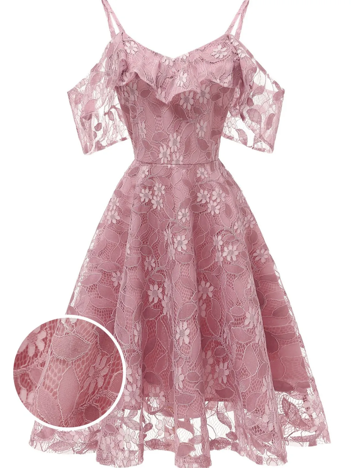 New Retro Stage 1950s Lace Cold Shoulder Ruffle Dress