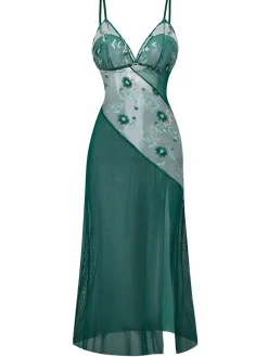 Clearance Retro Stage 1930s Lace Embroidered Floral Slip Nightdress Green