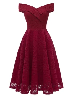 Fashion Retro Stage 1950s Lace Floral Swing Dress Wine red