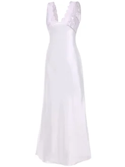 Sale Retro Stage 1930s Lace Hollow Satin Patchwork V-Neck Nightgown