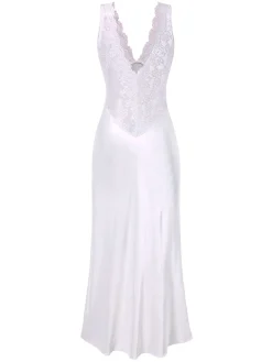 Sale Retro Stage 1930s Lace Hollow Satin Patchwork V-Neck Nightgown