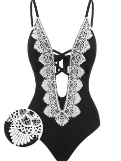 Hot Retro Stage 1930s Lace Knitted One-Piece Swimsuit Black