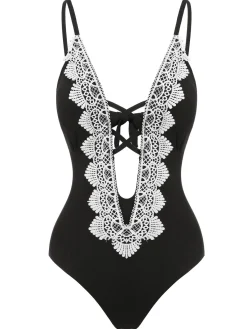 Hot Retro Stage 1930s Lace Knitted One-Piece Swimsuit Black