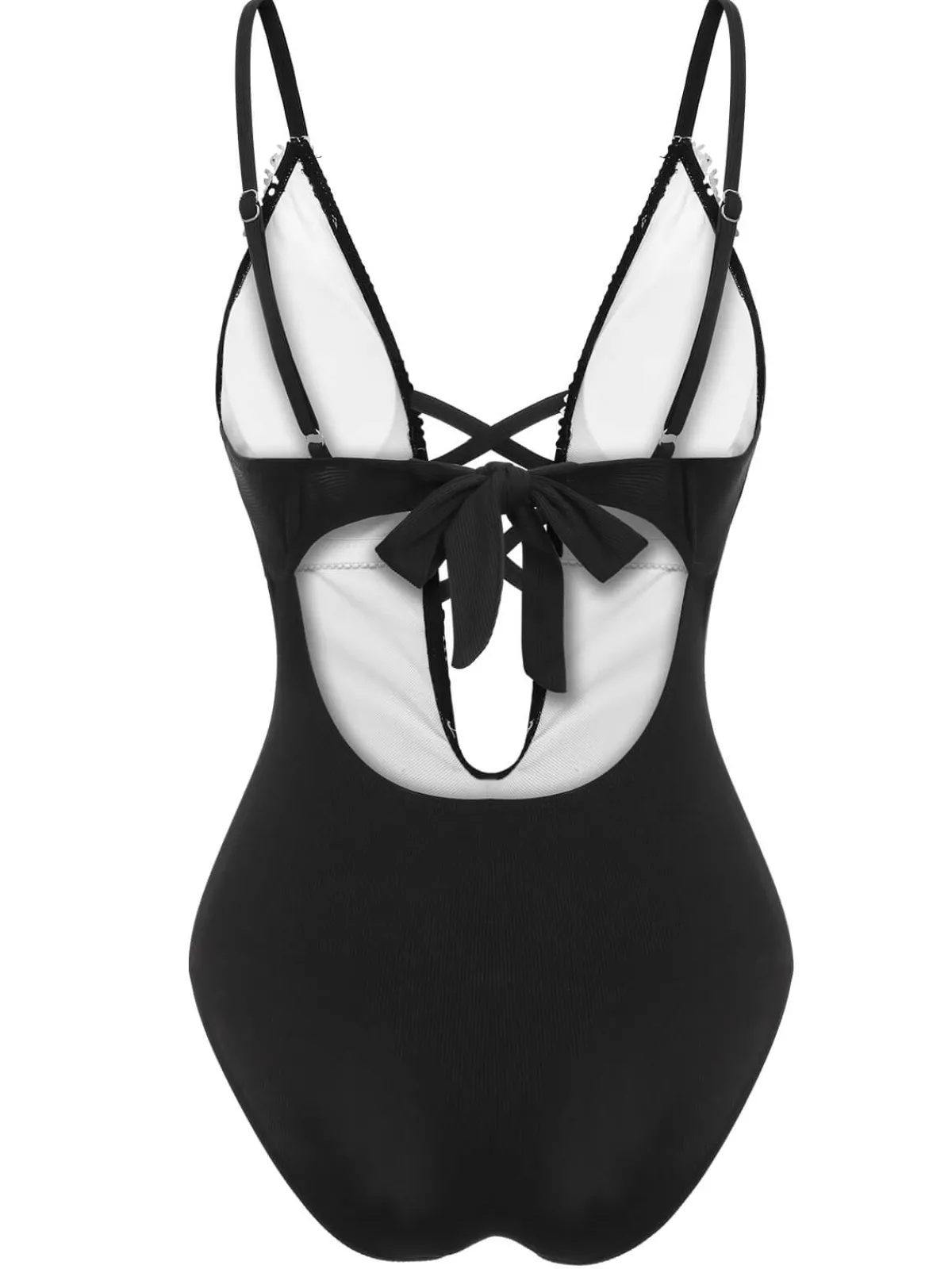 Hot Retro Stage 1930s Lace Knitted One-Piece Swimsuit Black