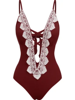 Discount Retro Stage 1930s Lace Knitted One-Piece Swimsuit Wine Red