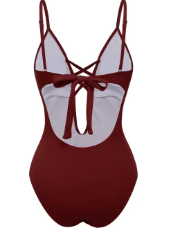 Discount Retro Stage 1930s Lace Knitted One-Piece Swimsuit Wine Red