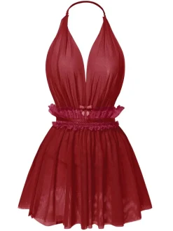 Discount Retro Stage 1950s Lace Mesh Deep V-Neck Halter Nightgown