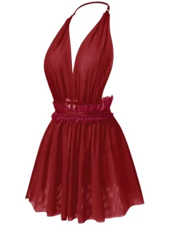 Discount Retro Stage 1950s Lace Mesh Deep V-Neck Halter Nightgown