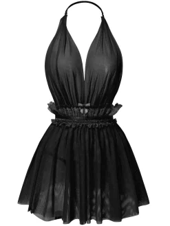 Discount Retro Stage 1950s Lace Mesh Deep V-Neck Halter Nightgown