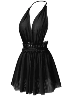 Discount Retro Stage 1950s Lace Mesh Deep V-Neck Halter Nightgown