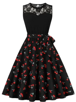 Outlet Retro Stage 1950s Lace Patchwork Cherry Floral Sleeveless Dress