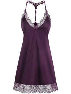 Fashion Retro Stage 1970s Lace Patchwork Spaghetti Straps Nightgown