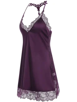 Fashion Retro Stage 1970s Lace Patchwork Spaghetti Straps Nightgown