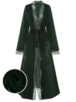 Best Retro Stage 1970s Lace Trim Velvet Lounge Night Robe