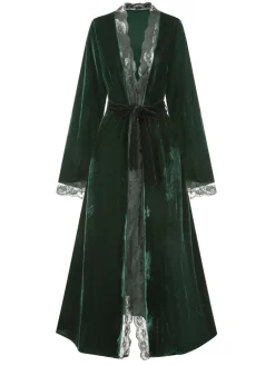 Best Retro Stage 1970s Lace Trim Velvet Lounge Night Robe
