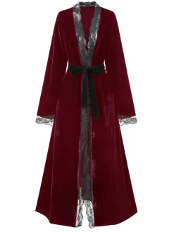 Best Retro Stage 1970s Lace Trim Velvet Lounge Night Robe