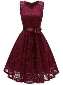 Sale Retro Stage 1950s Lace V Neck Bow Dress
