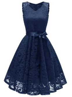Sale Retro Stage 1950s Lace V Neck Bow Dress
