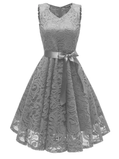 Sale Retro Stage 1950s Lace V Neck Bow Dress