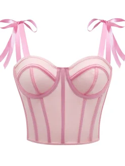 Sale Retro Stage 1940s Lace-Up Bow Mesh Corset Crop Camisole
