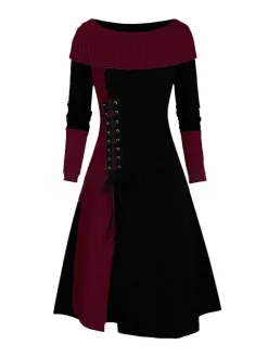 Hot Retro Stage 1940s Lace-Up Colorblock Off-Shoulder Dress
