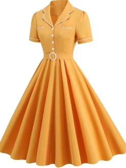 Best Retro Stage 1950s Lapel Belted Solid Dress