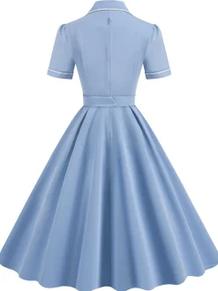 Best Retro Stage 1950s Lapel Belted Solid Dress